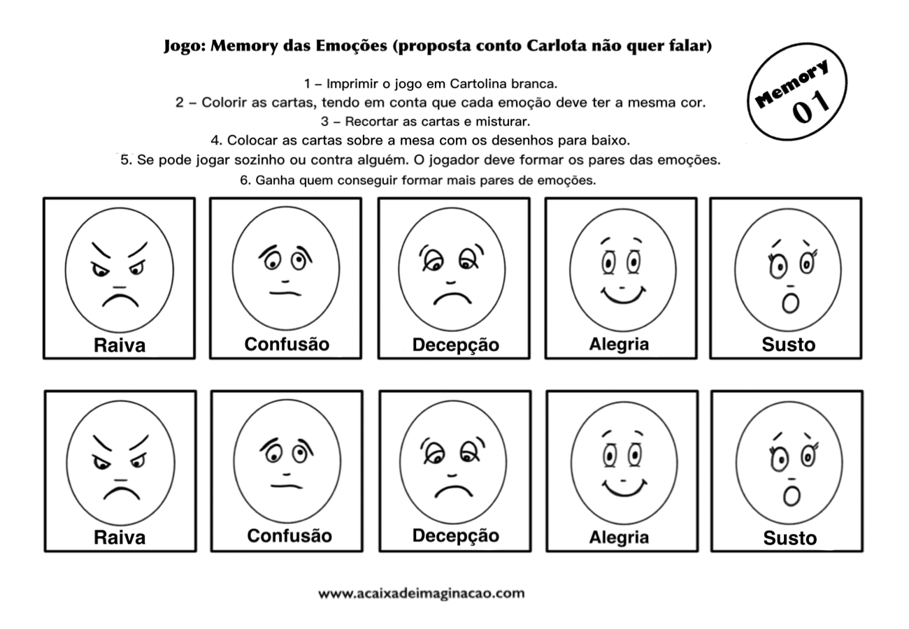 Carlota jogo memory emoções 2 colorir pintar – Educação Emocional e Terapia  por meio de contos